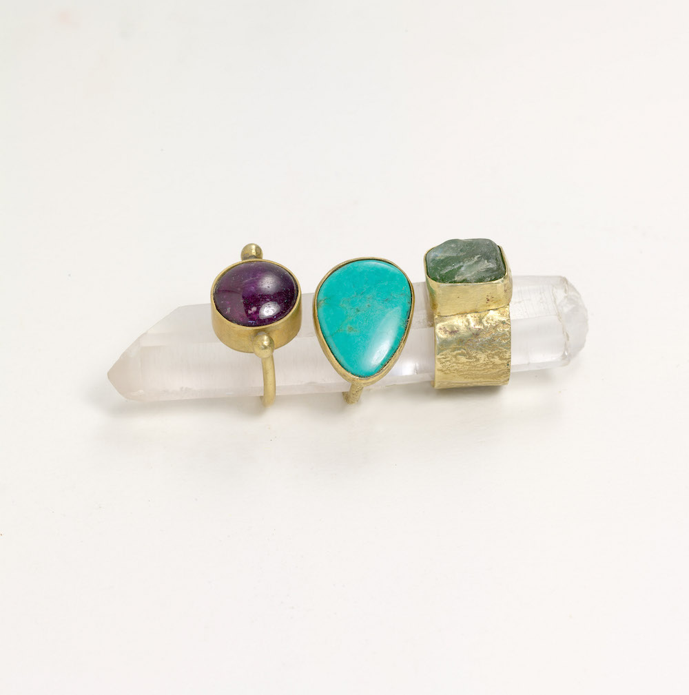 Star ruby, Turquoise, raw Green Apatite rings set in brass